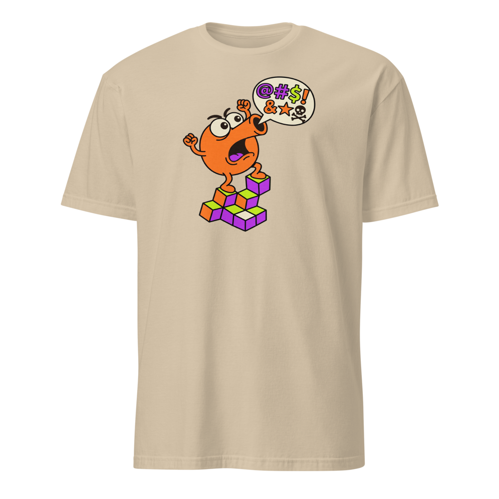 Rage Quit Arcade Gremlin Retro Cube Pyramid Tee — sand front view