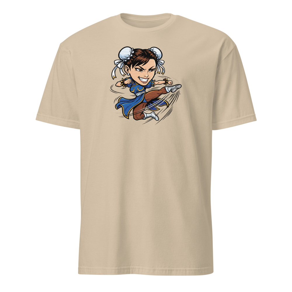 Arcade Fighter Spinning Kick Halftone Pop Art Tee — sand front view