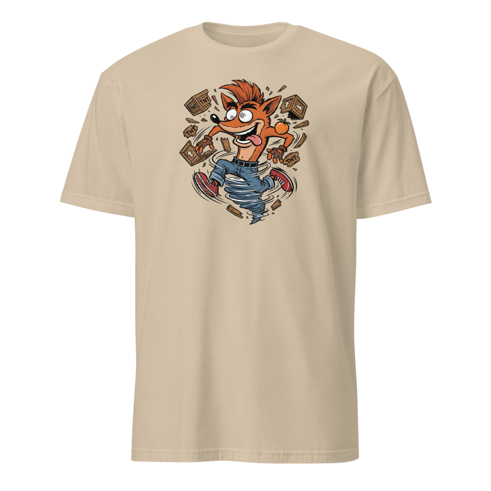 Spin Attack Marsupial Crate Smasher Retro Gaming Tee â€” Sand front view