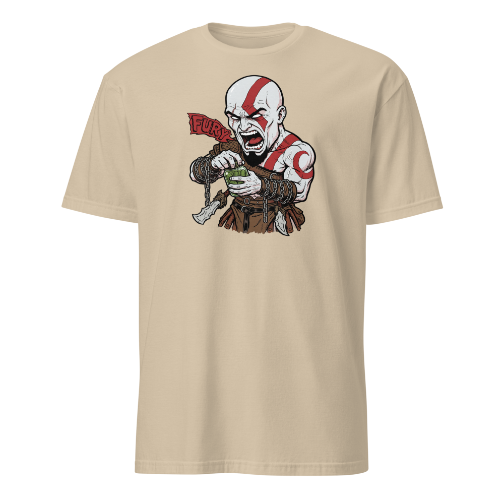 Spartan Rage Pickle Jar Comic Ink Gamer Tee â€” Sand front view