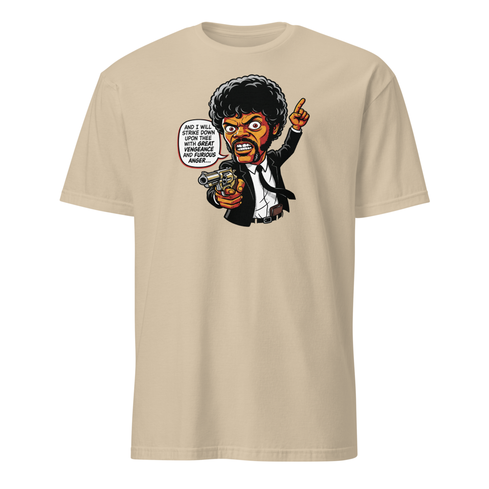 Righteous Hitman Halftone Pop Art Movie Tee — sand front view