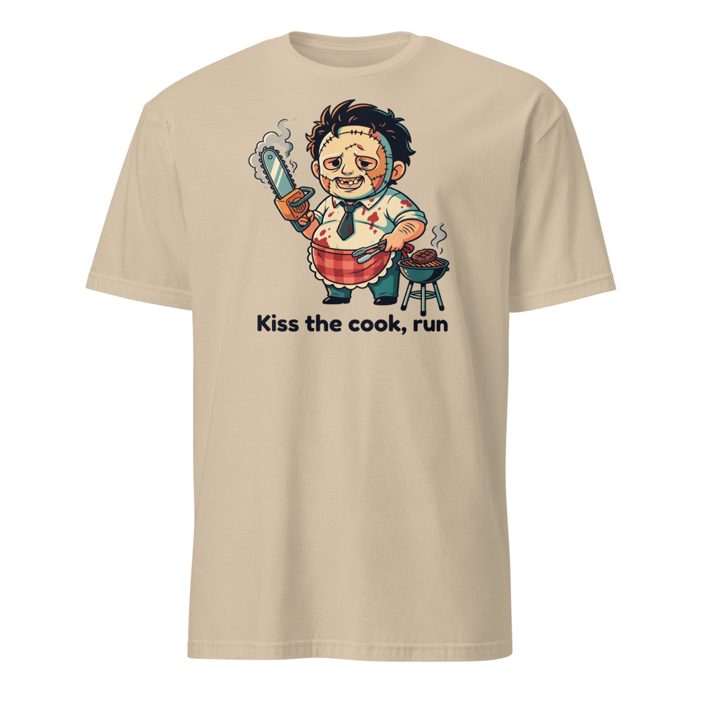 Chibi Slasher Grill Dad Chainsaw BBQ Horror Tee — sand front view