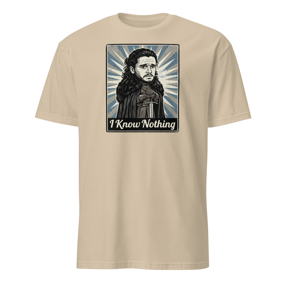 I Know Nothing Brooding Northern Hero Propaganda Tee — sand front view