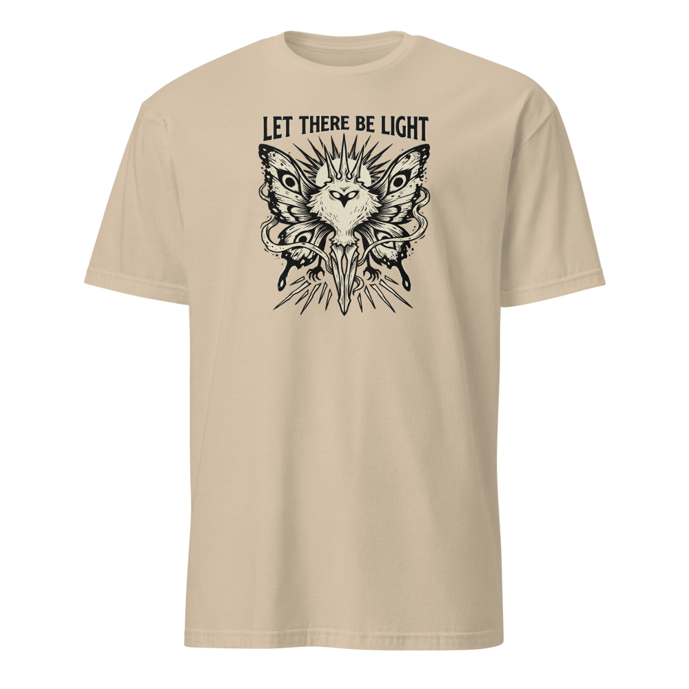 Moth Goddess Blackwork Linocut Let There Be Light Tee — sand front view