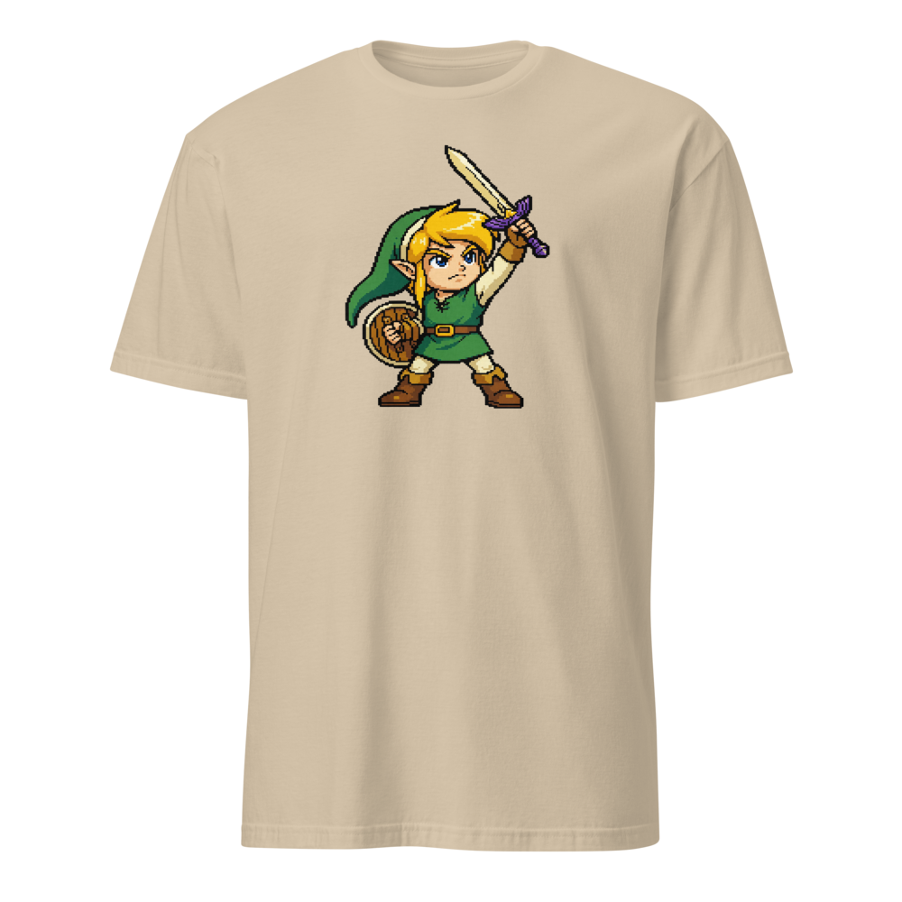 16-Bit Pixel Hero Sword Raise Retro Gamer Tee — sand front view