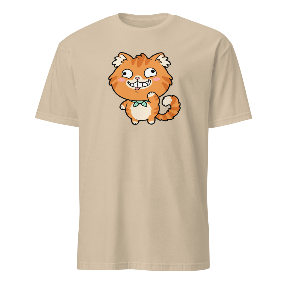 Derpy Orange Tabby Chibi Meme Cat Tee — sand front view