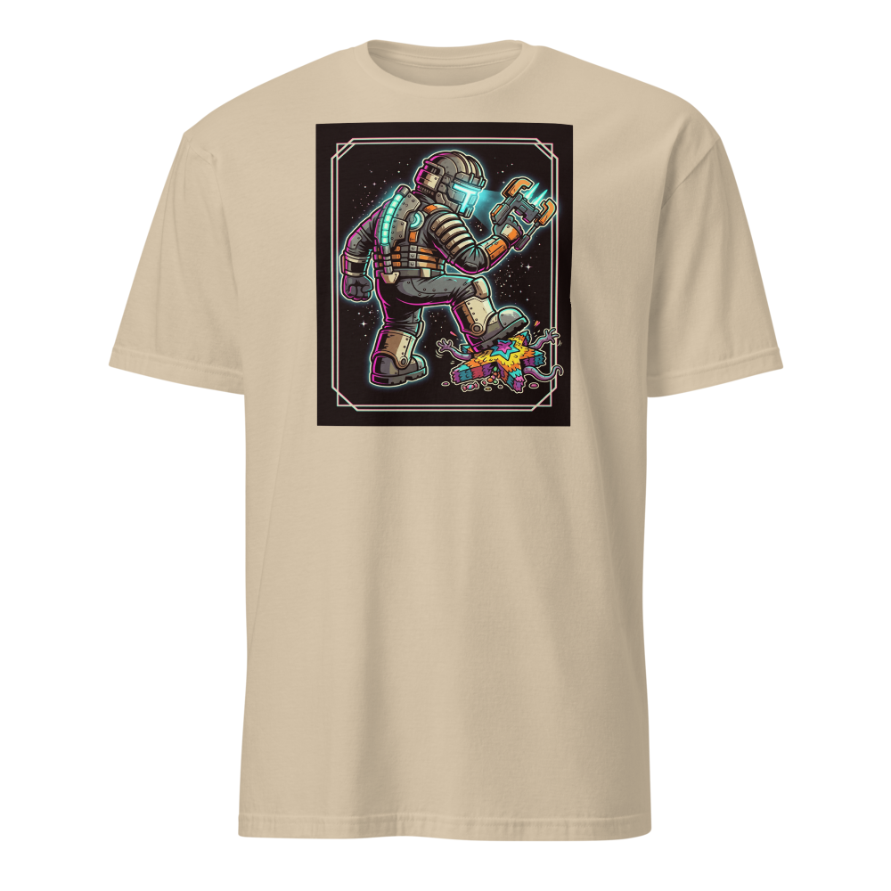 Haunted Space Engineer Piñata Stomp Neon Noir Tee — sand front view