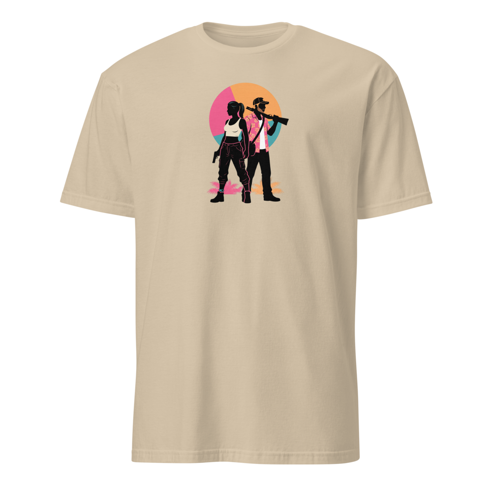 Outlaw Couple Neon Sunset Crime Duo Graphic Tee — sand front view