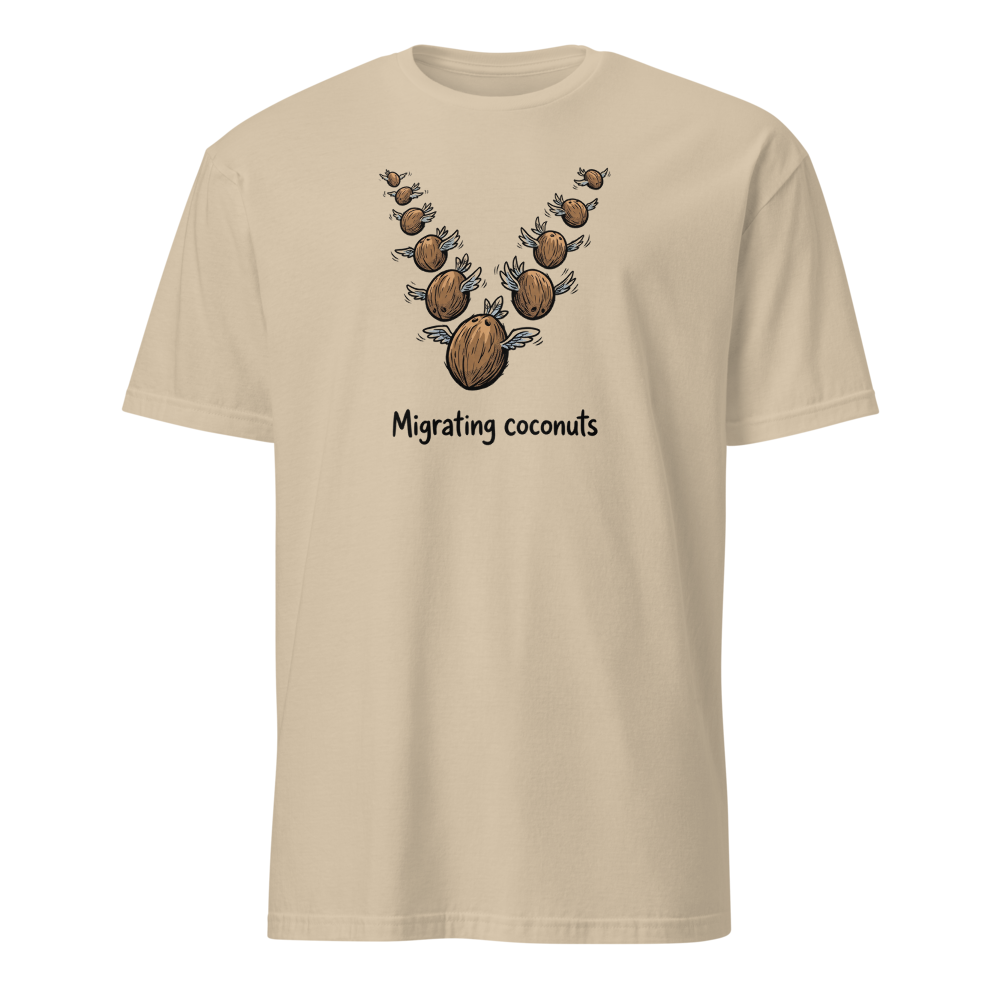 Migrating Coconuts V Formation Absurd Comedy Tee â€” Sand front view