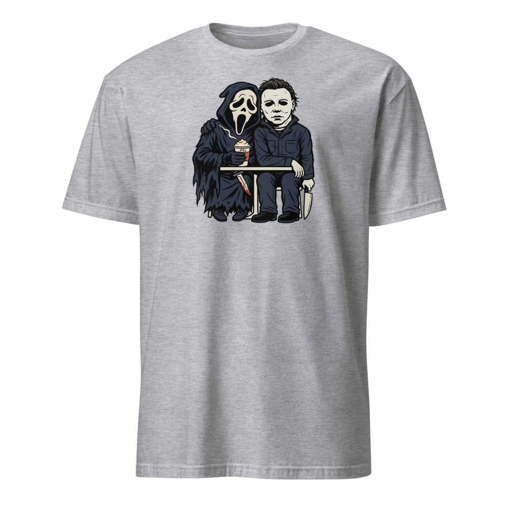 Masked Slashers Pumpkin Spice Latte Horror Tee — Men's Basic Tee — sport grey front view