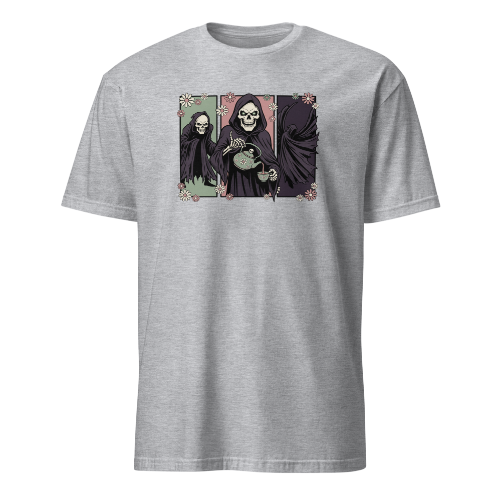Skull Sorcerer Tea Time Comic Triptych Tee — sport grey front view