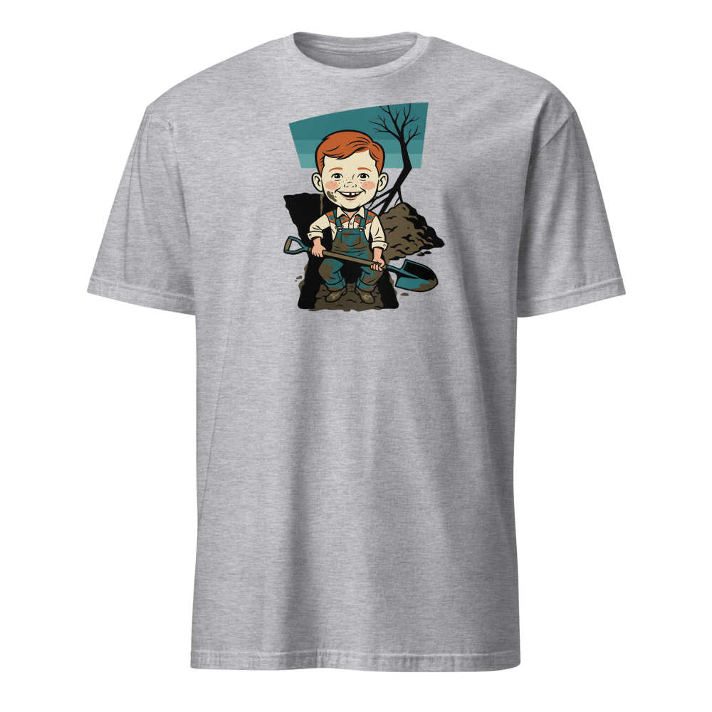 Suspicious Backyard Digger Vintage Poster Tee — sport grey front view