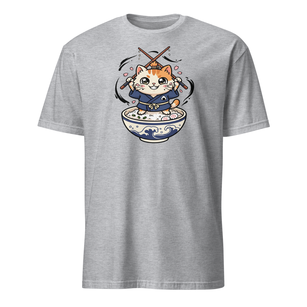 Chibi Ronin Chef Cat Chopstick Katana Anime Tee — sport grey front view