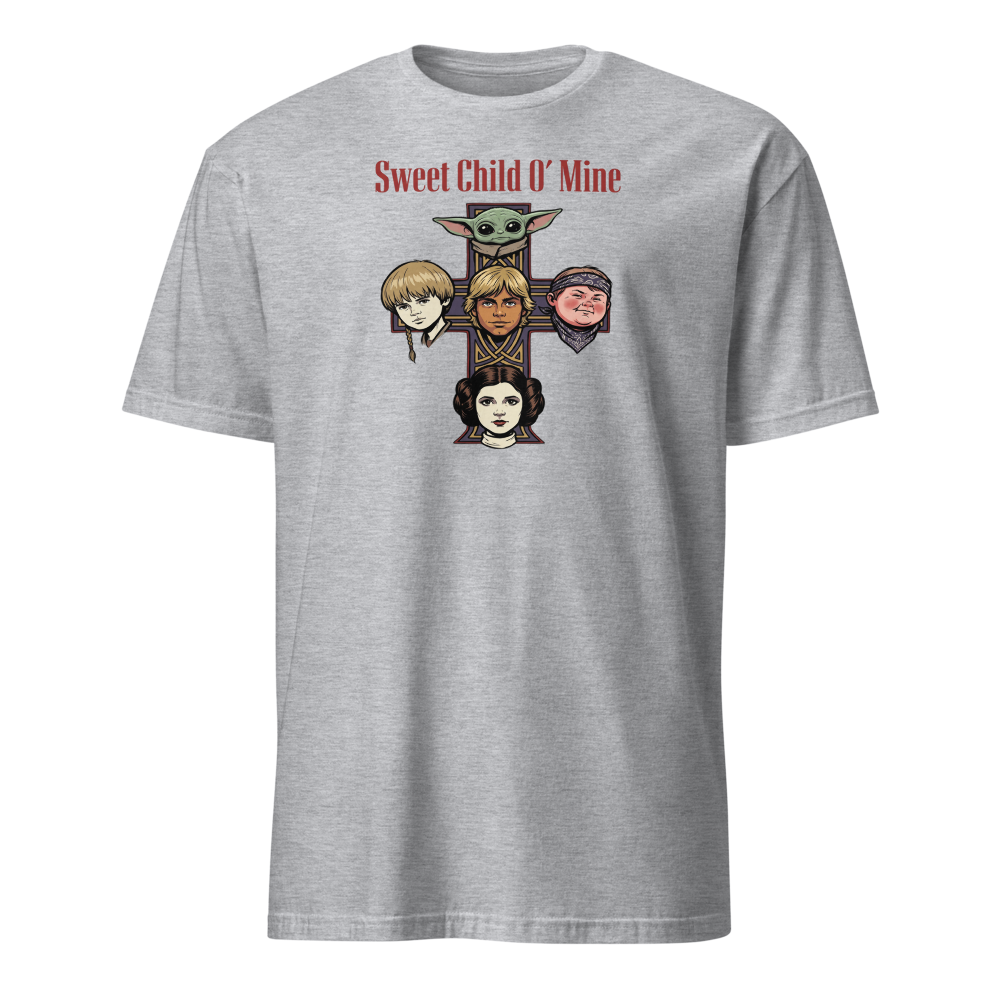 Sweet Child Sci-Fi Rock Cross album Parody Tee — sport grey front view