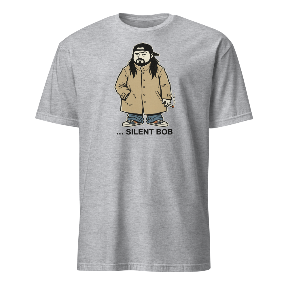 Silent Stoner Sidekick Trench Coat Punk Caricature Tee — Men's Basic Tee — sport grey front view