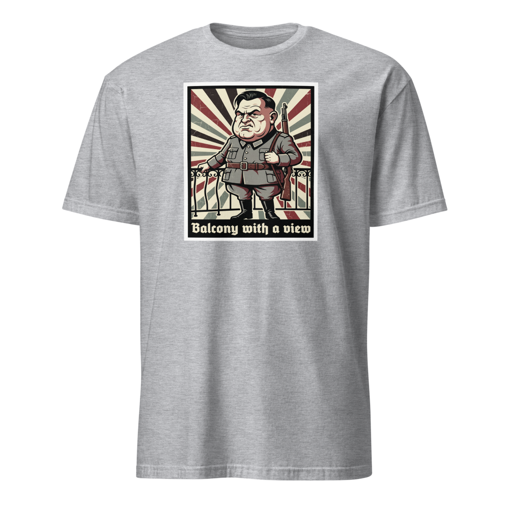 Balcony With A View Propaganda Villain Parody Tee — Men's Basic Tee — sport grey front view