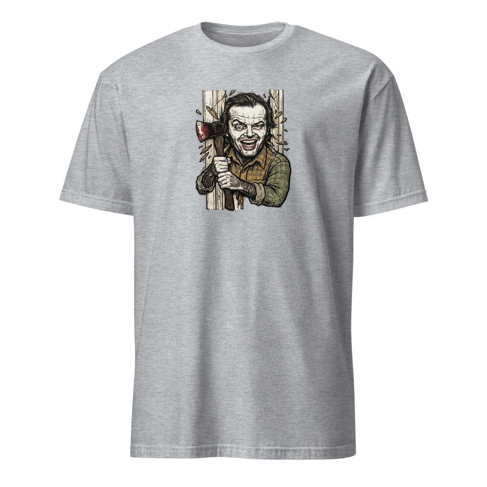 Axe Maniac Door Breach Blackwork Horror Tee — sport grey front view