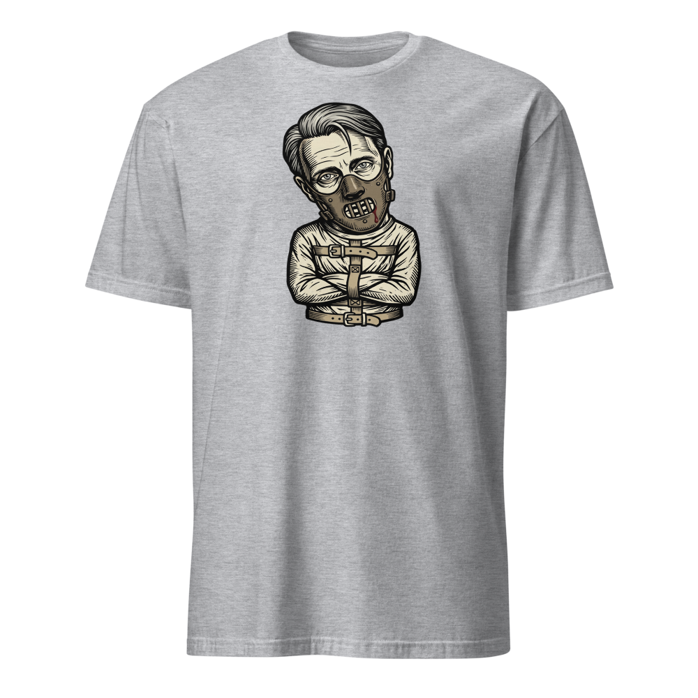 Polite Cannibal Muzzle Mask Linocut Horror Tee — Men's Basic Tee — sport grey front view