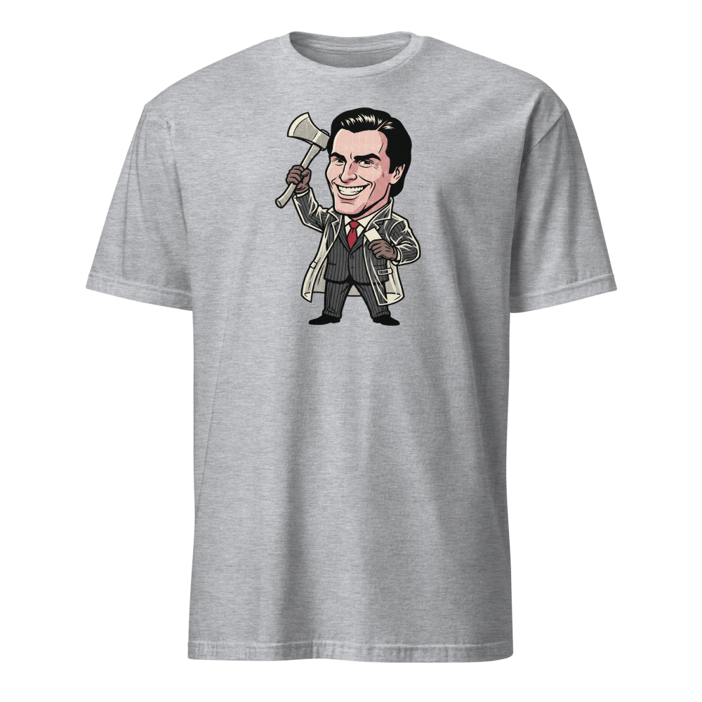 Wall Street Yuppie Axe Killer Pop Art Parody Tee — Men's Basic Tee — sport grey front view