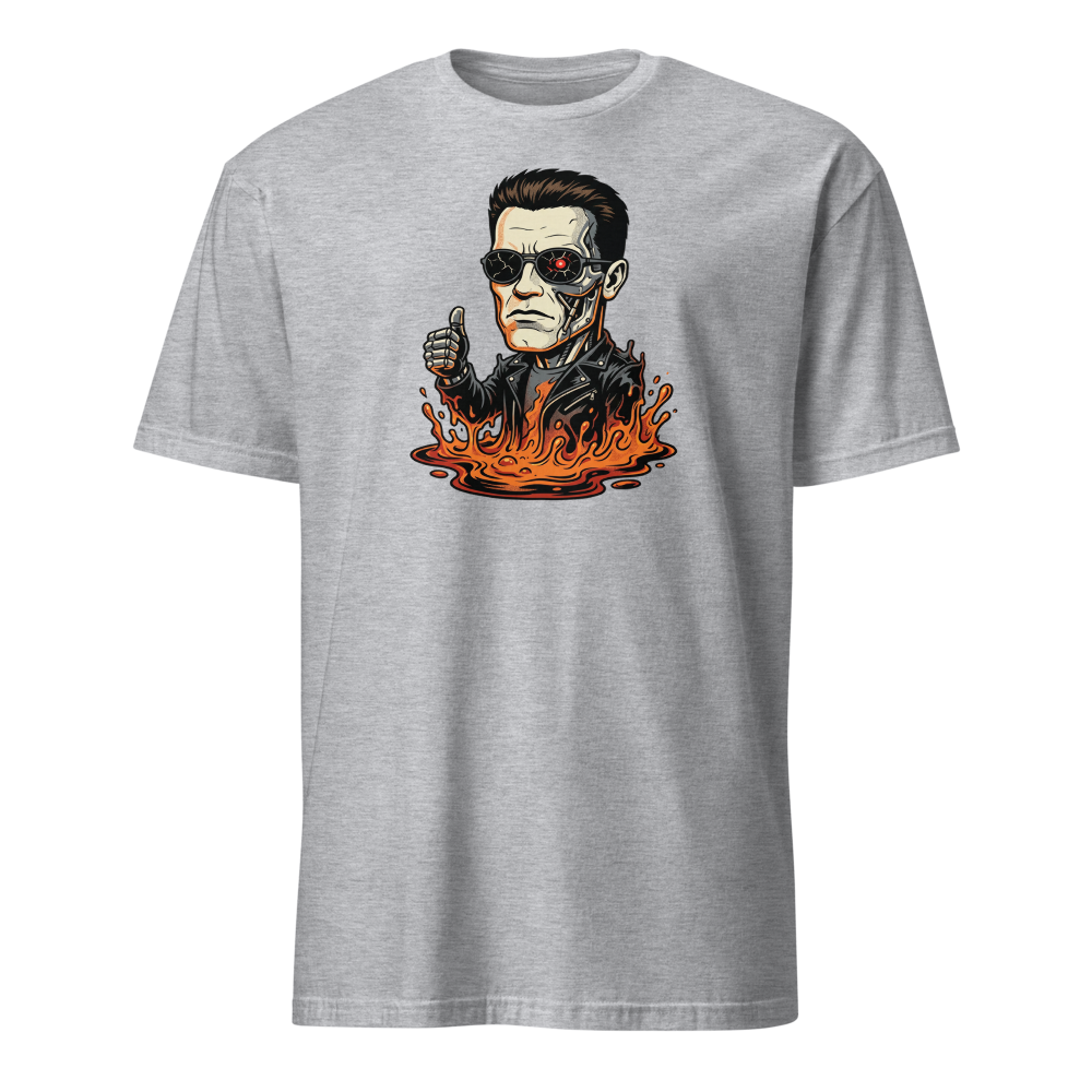Molten Steel Thumbs Up Cyborg Comic Ink Tee — Men's Basic Tee — sport grey front view