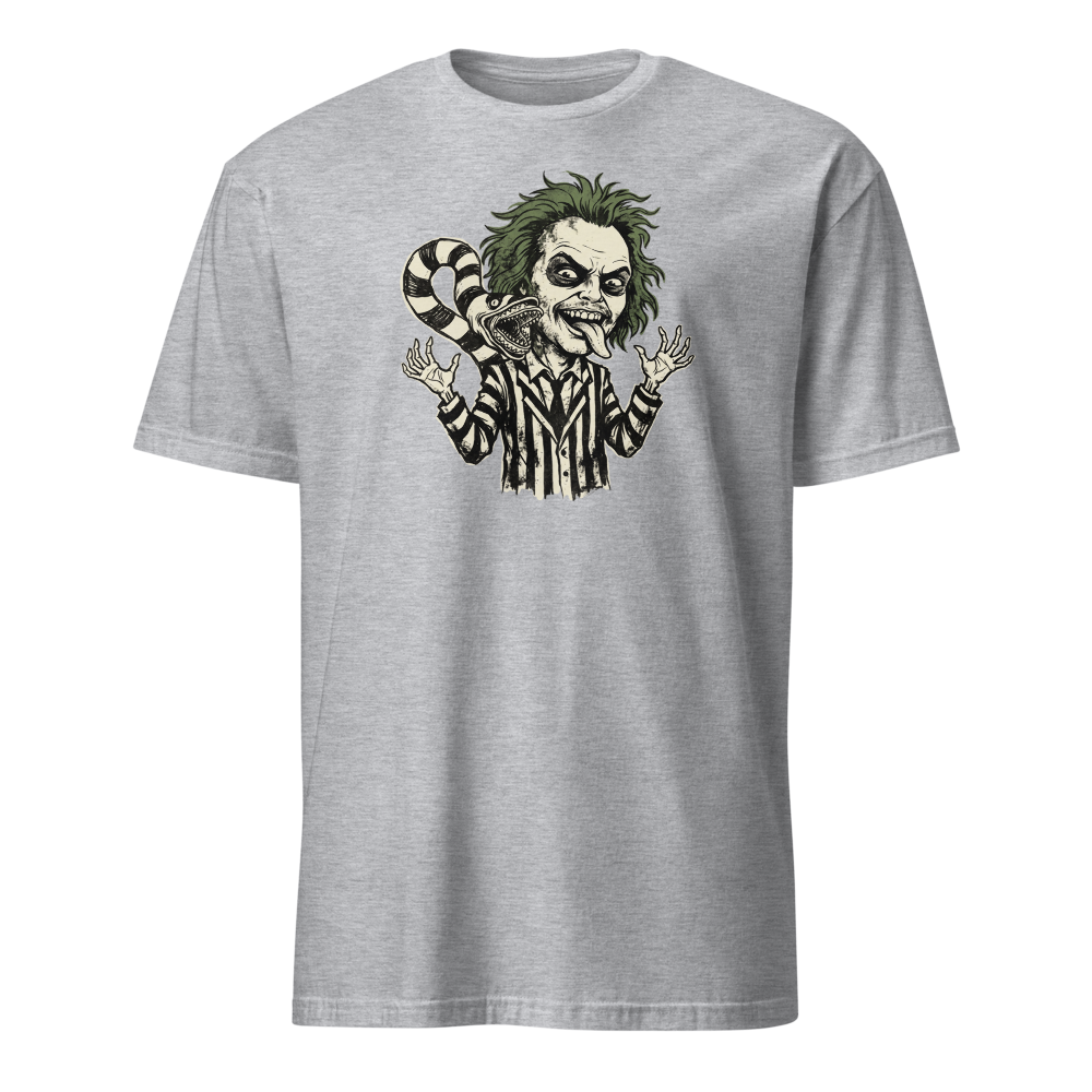 Bio-Exorcist Ghoul Pinstripe Punk Horror Comedy Tee — sport grey front view