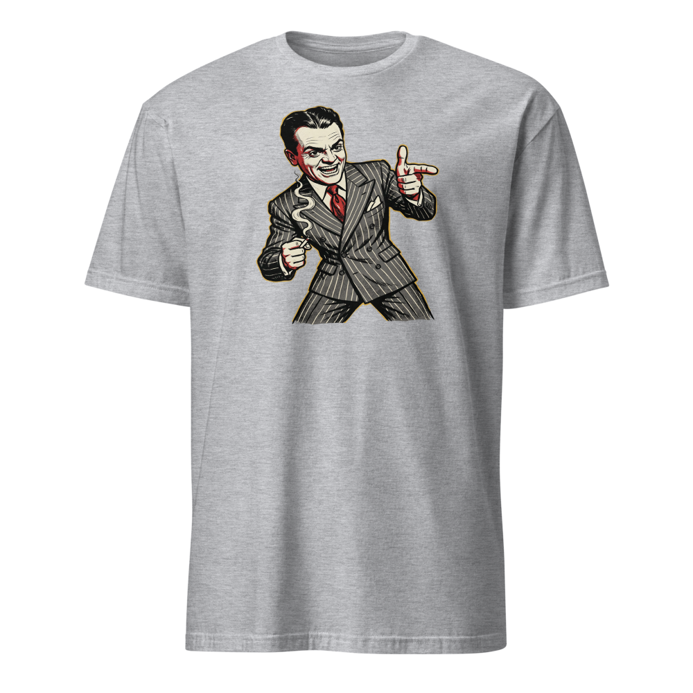 Pinstripe Gangster Finger-Gun Punk Caricature Tee — sport grey front view