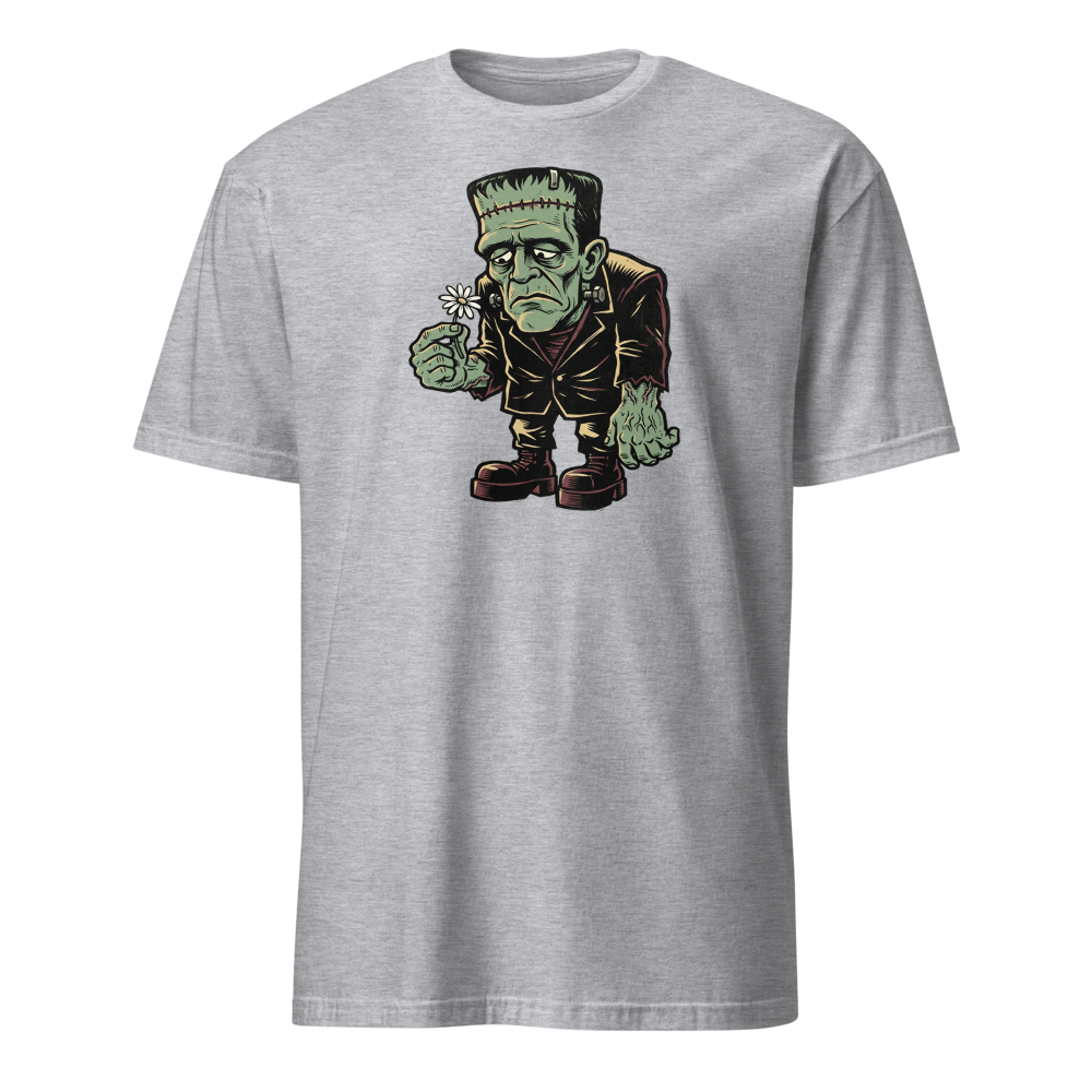 Confused Stitched Monster Holding Daisy Woodcut Tee — sport grey front view