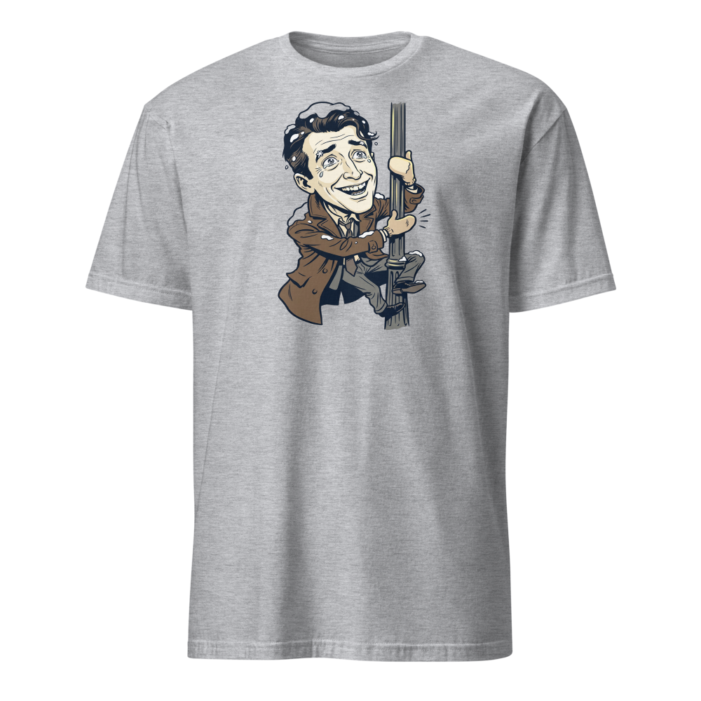 Snowy Lamppost Hug Christmas Movie Caricature T-Shirt — sport grey front view