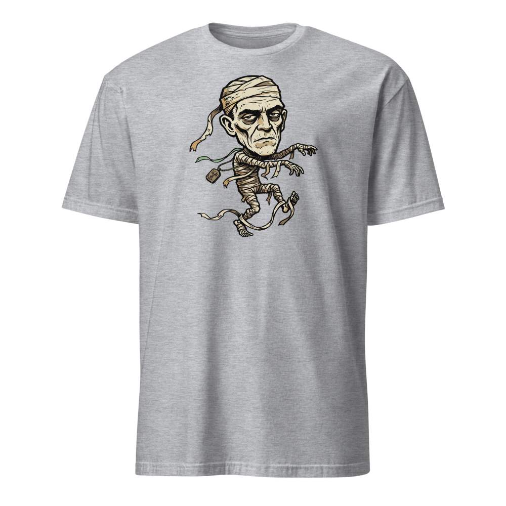 Tripping Mummy Woodcut Vintage Horror Tee — sport grey front view
