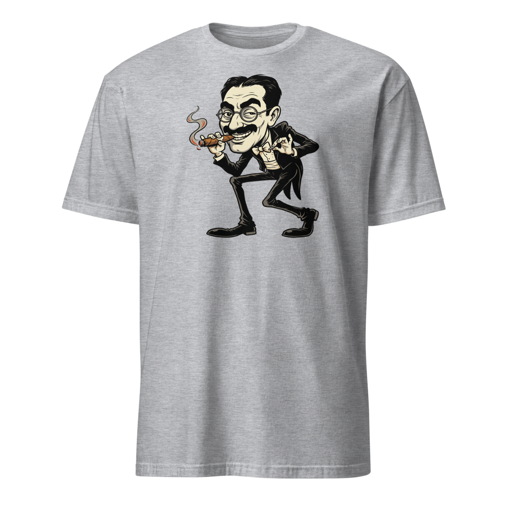 Sneaky Vaudeville Comedian Cigar Caricature Tee — sport grey front view