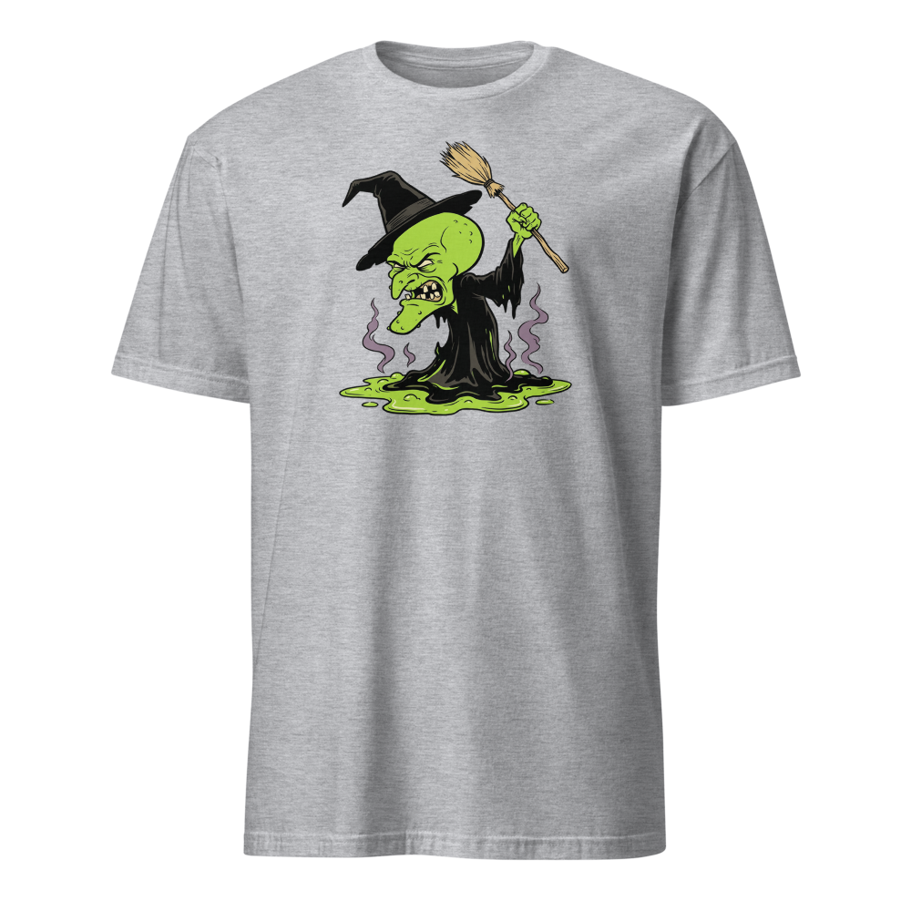 Melting Green Witch Editorial Cartoon Parody Tee — sport grey front view