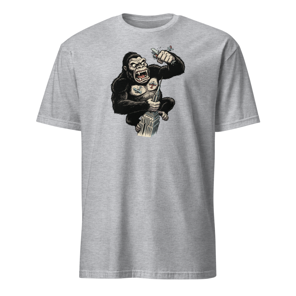 Giant Ape Skyscraper Biplane Smash Comic Tee — sport grey front view