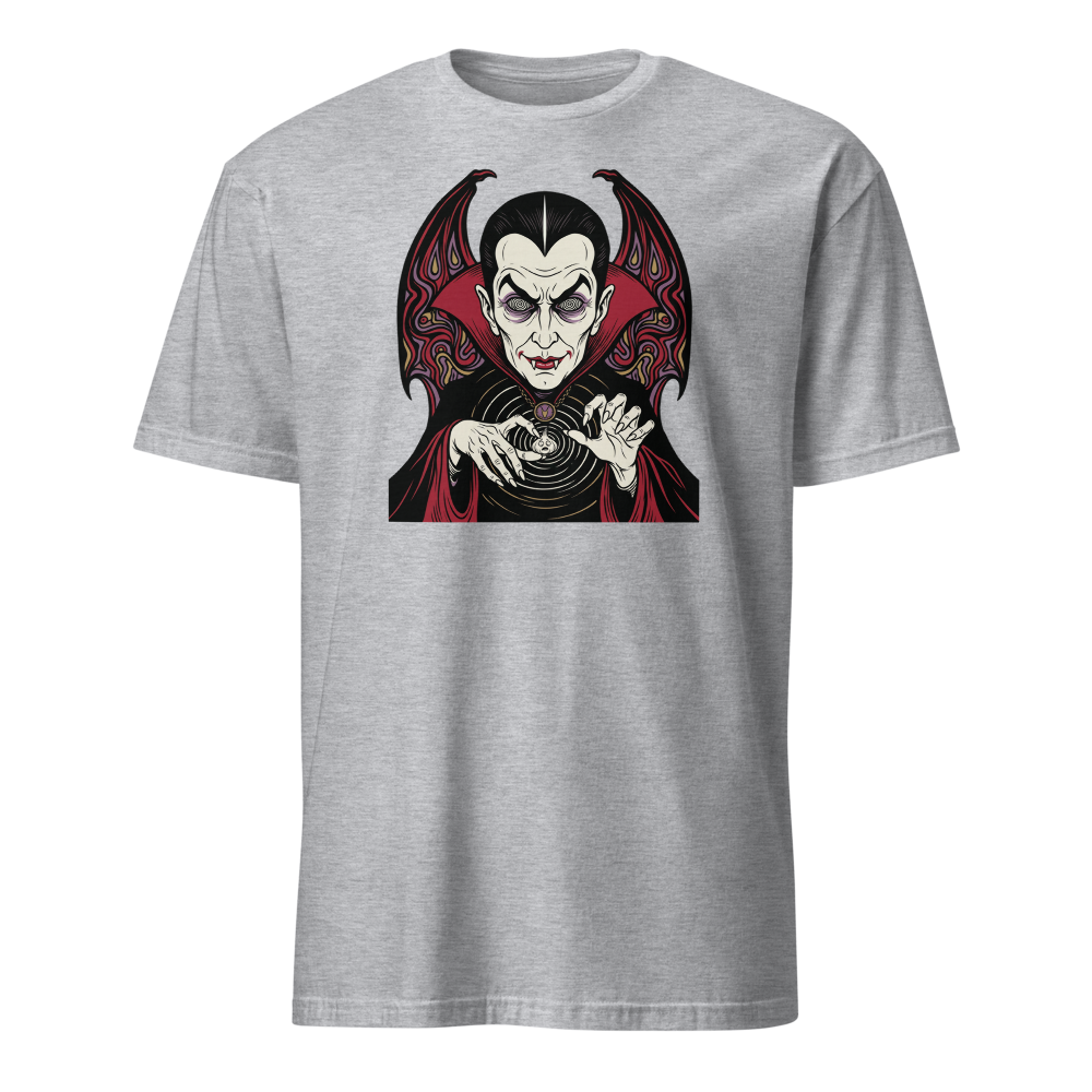 Caped Count Hypnotizes Garlic Psychedelic Horror Tee — sport grey front view
