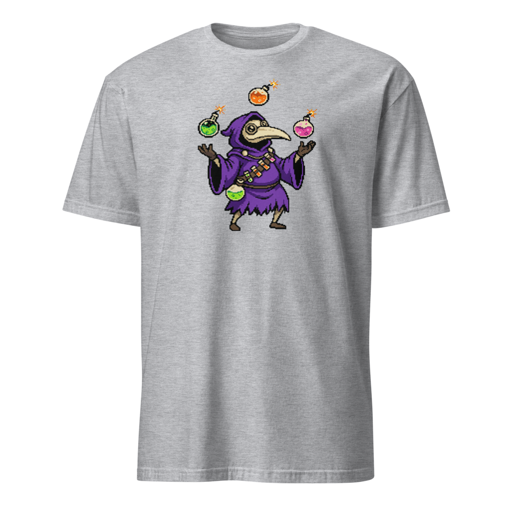 Hooded Pixel Alchemist Potion Juggler Retro Tee — sport grey front view