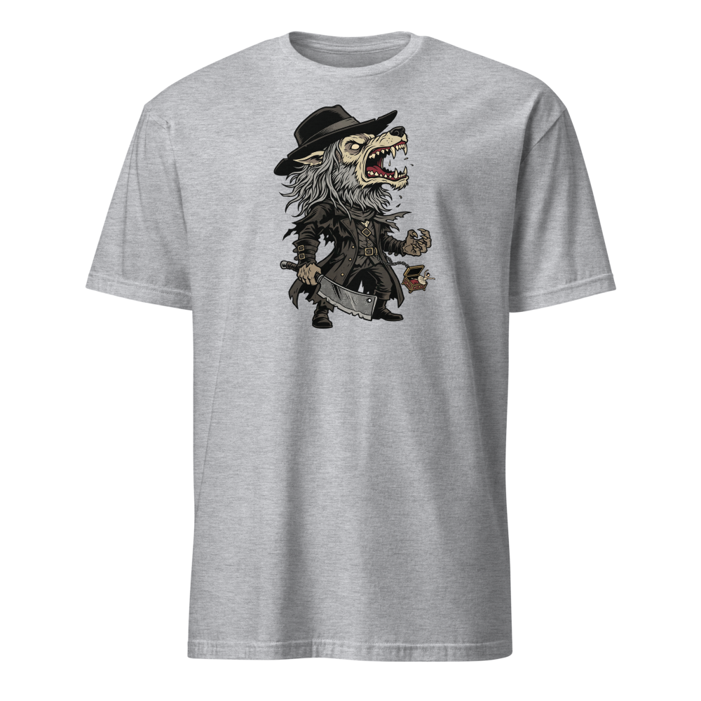 Beast Hunter Howling Tricorn Cleaver Comic Ink Tee — sport grey front view