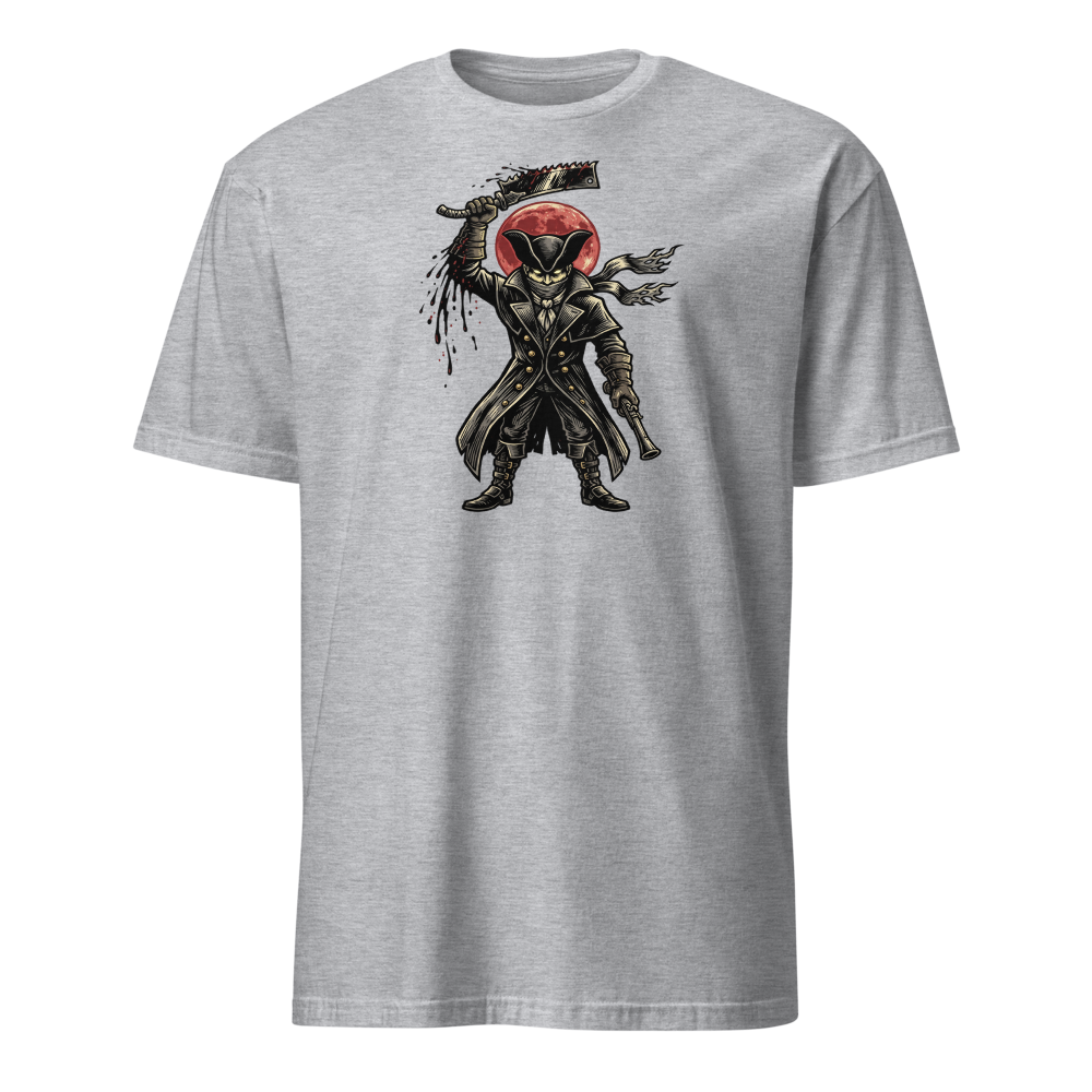 Gothic Hunter Blood Moon Linocut Horror Tee — sport grey front view