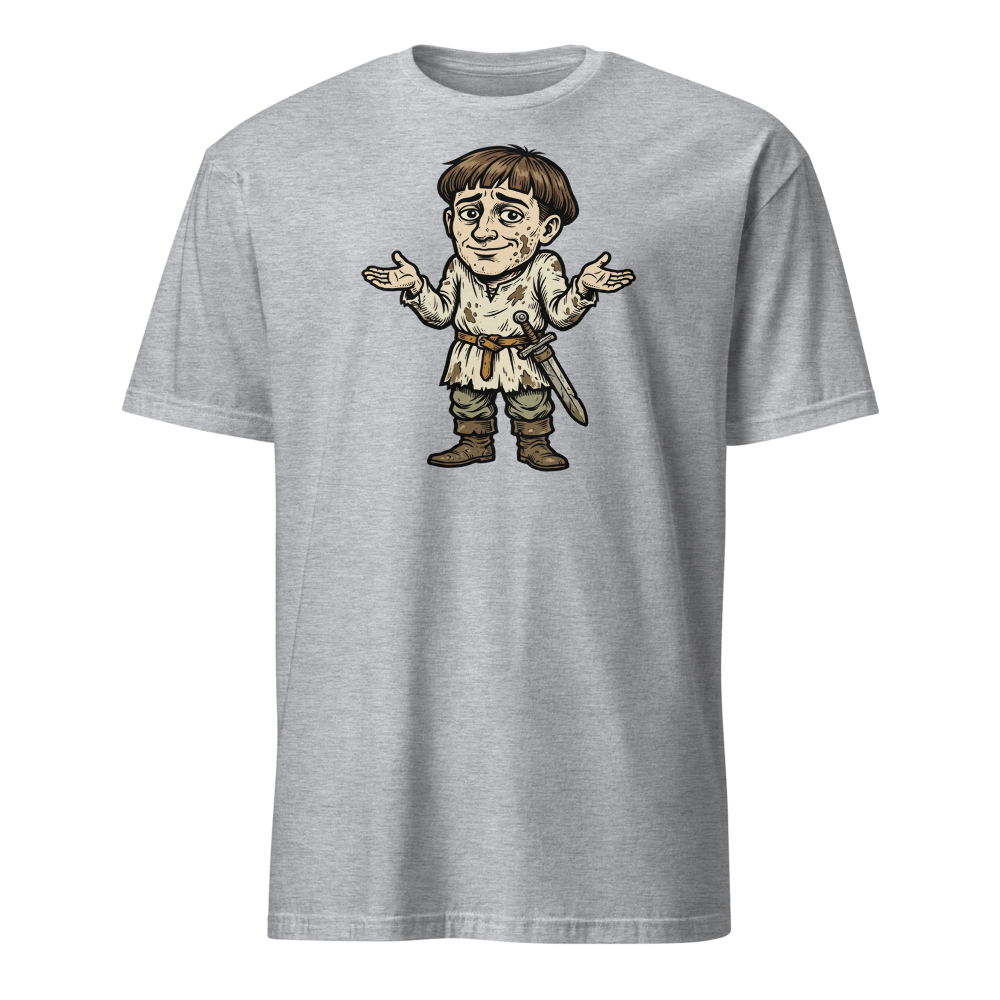 Medieval Peasant Shrug Woodcut Retro RPG Tee — sport grey front view