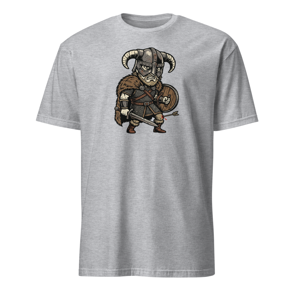 Horned Helmet Hero Arrow To The Knee Woodcut Tee — sport grey front view