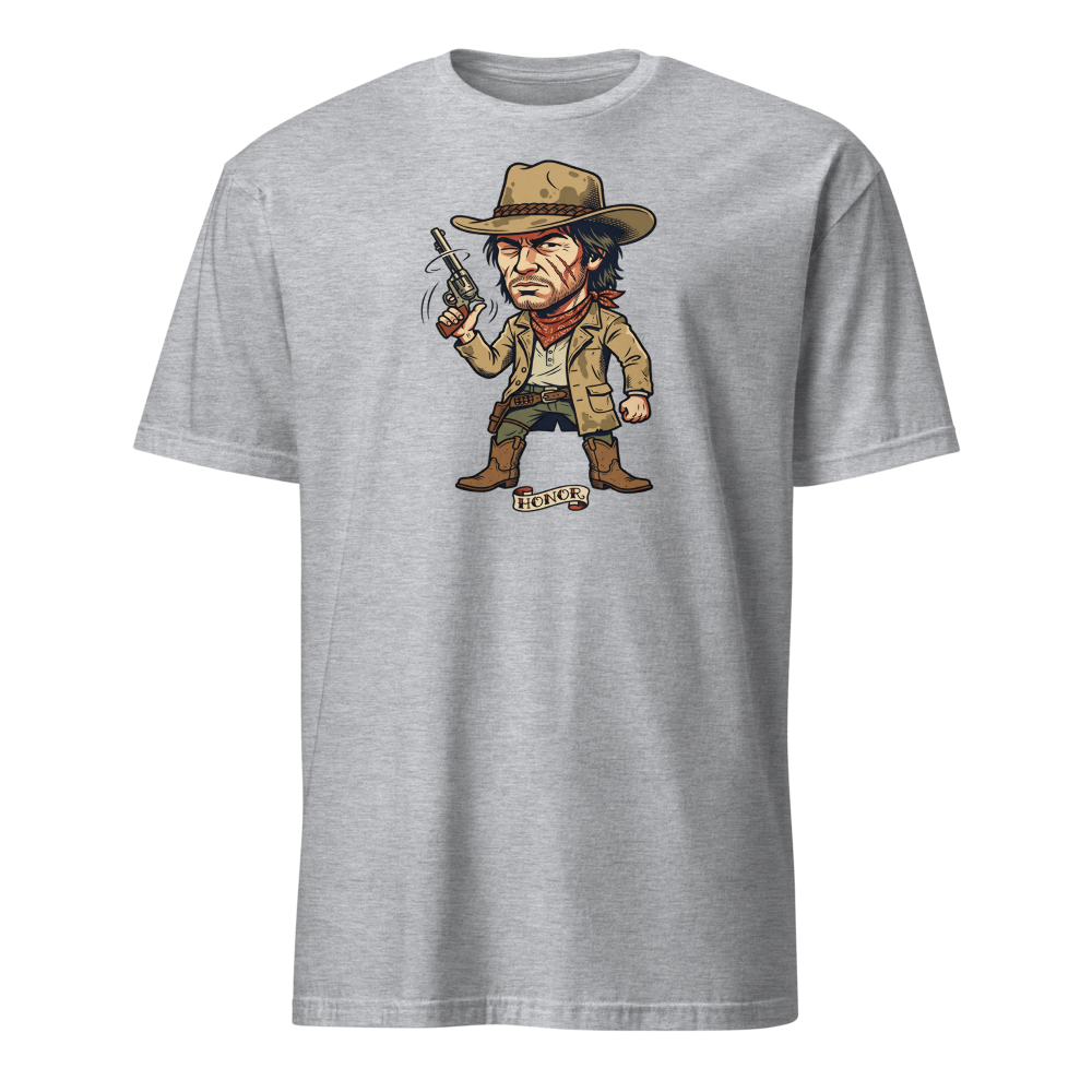 Scarred Outlaw Revolver Spinner Tattoo Flash Tee — sport grey front view