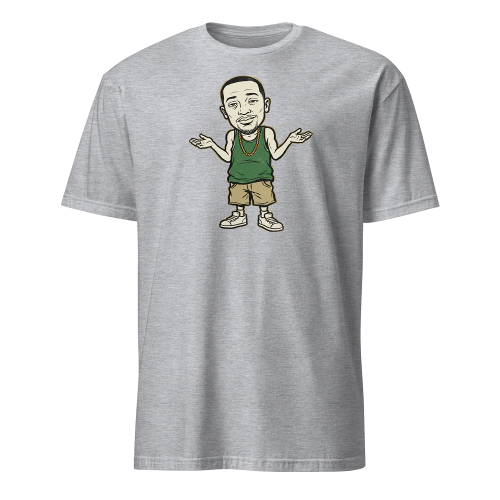Here We Go Again Open-World Shrug Punk Tee — sport grey front view
