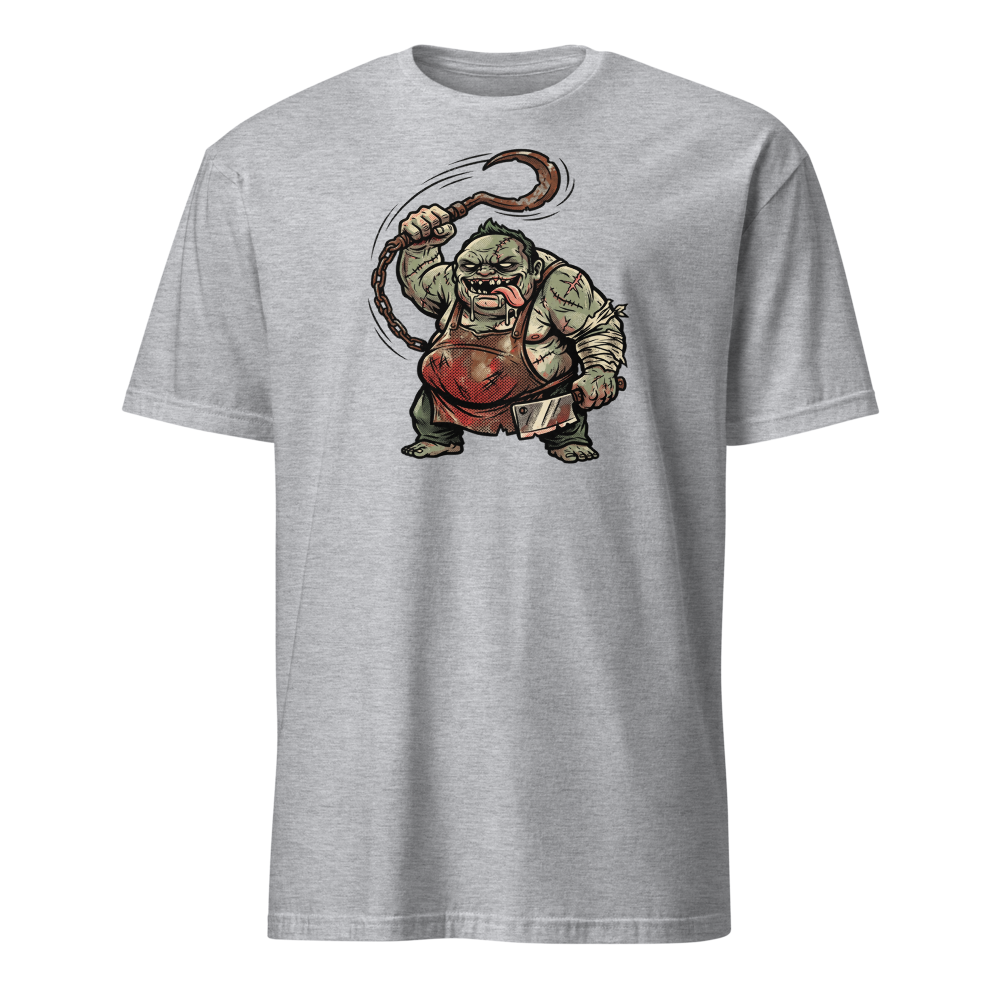 Butcher Hook Pop Art Halftone Gaming Tee — sport grey front view