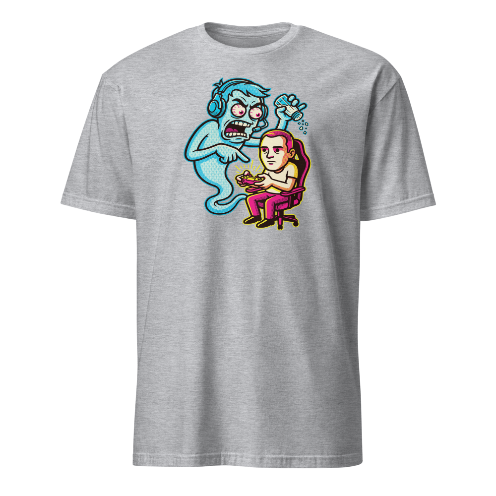Salty Ghost Backseat Gamer Halftone Pop Art Tee — sport grey front view