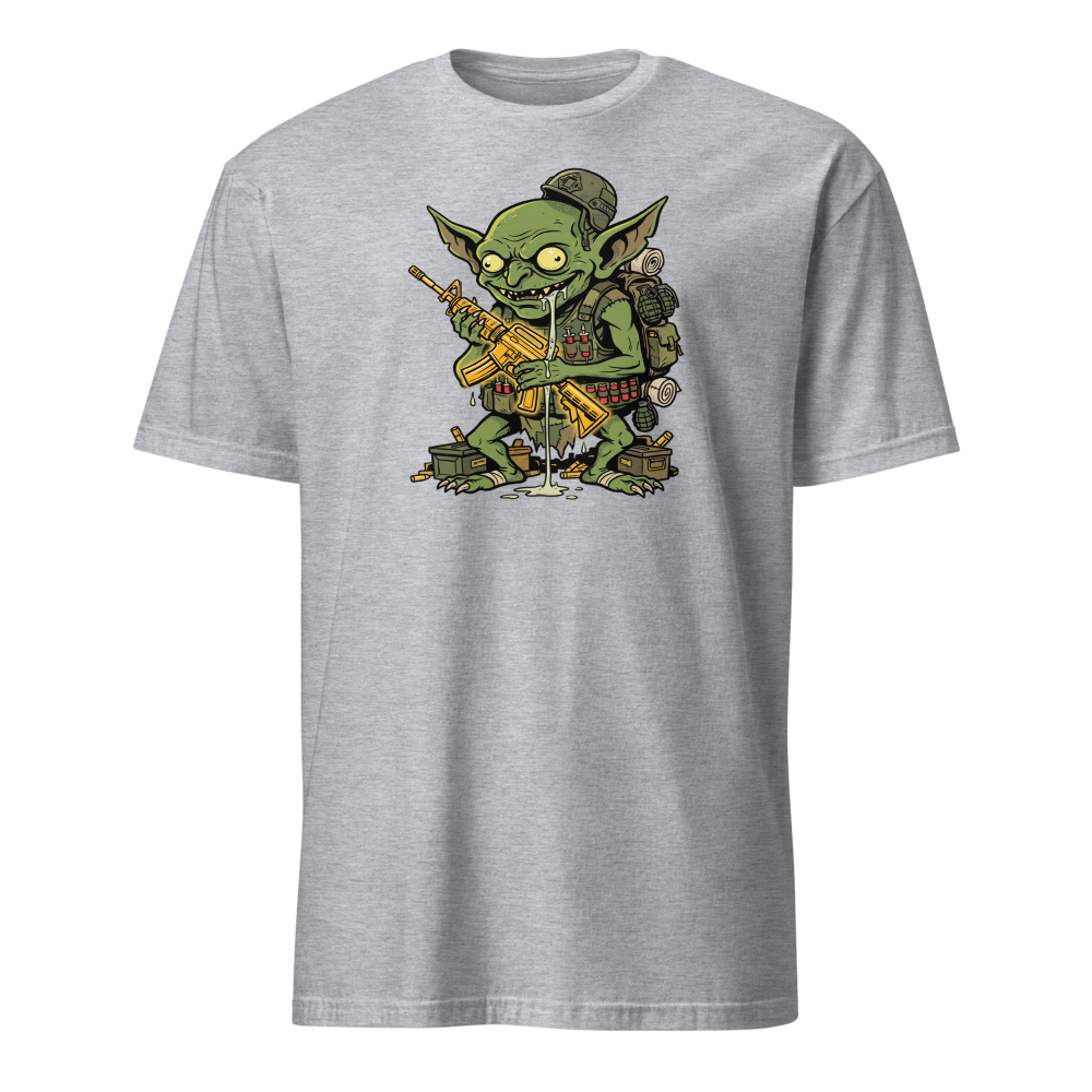 Loot Gremlin Gold Rifle Battle Royale Gamer Tee — sport grey front view