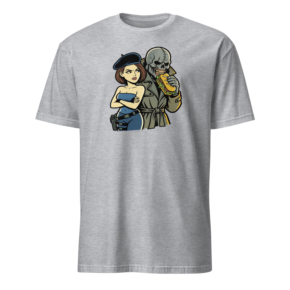 Parisian Beret Survival Horror Sandwich Parody Tee — sport grey front view