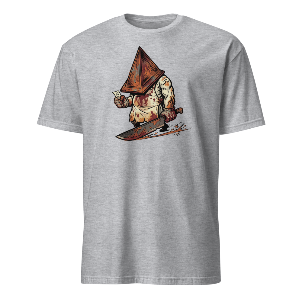 Horror Executioner at the DMV Halftone Parody Tee — sport grey front view