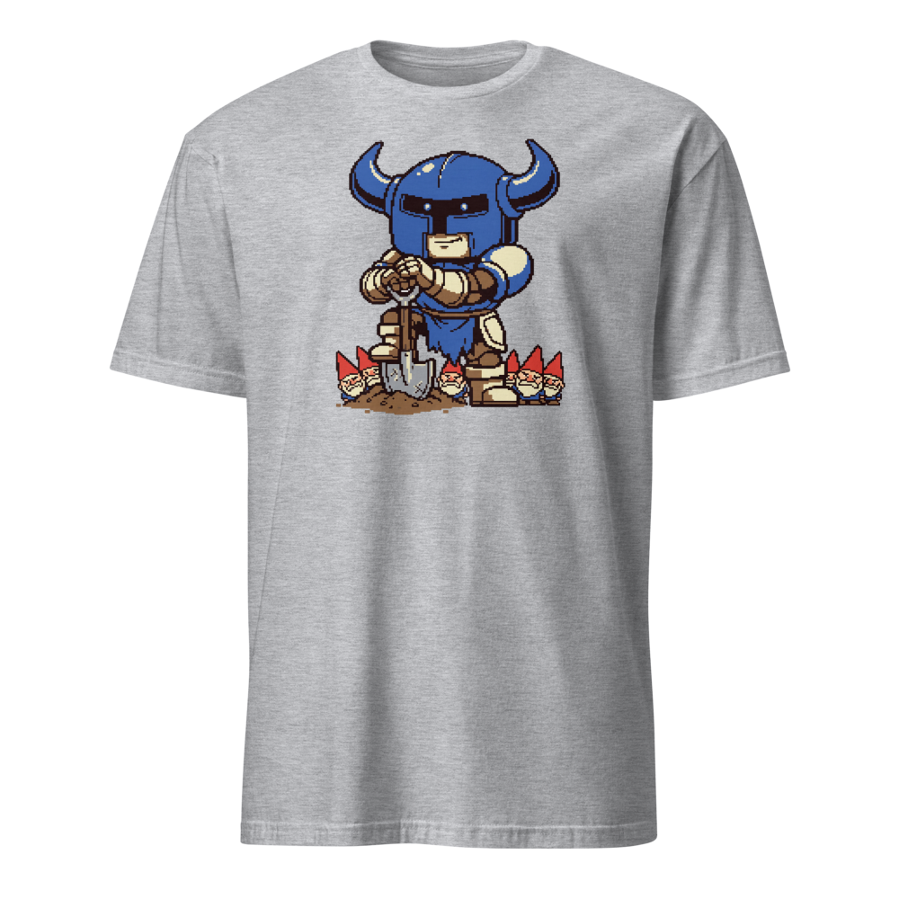 Pixel Knight Gnome Gardener Retro 16-Bit Gaming Tee — sport grey front view