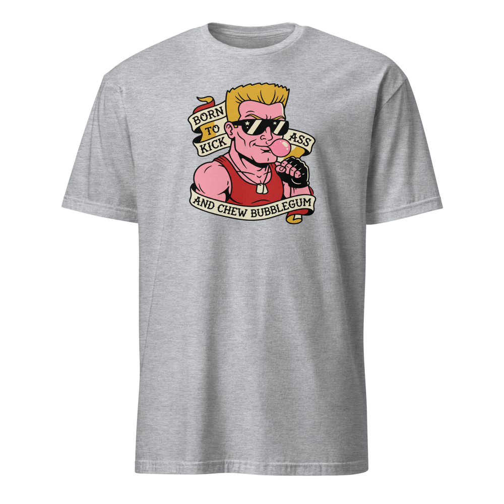 Bubblegum Action Hero Traditional Tattoo Flash Tee — sport grey front view