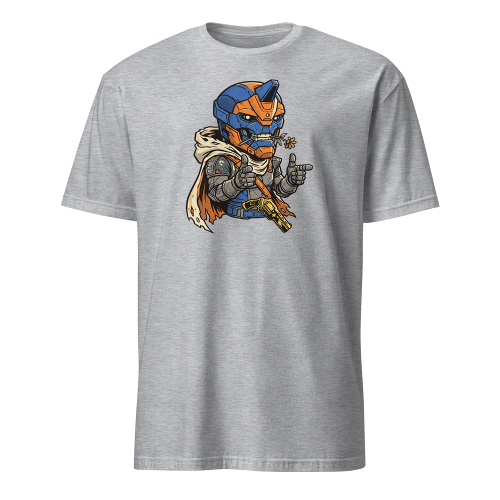 Wisecracking Exo Gunslinger Halftone Pop Art Tee — sport grey front view