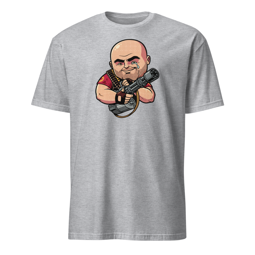 Big Russian Gunner Minigun Hug Pop Art Tee — sport grey front view