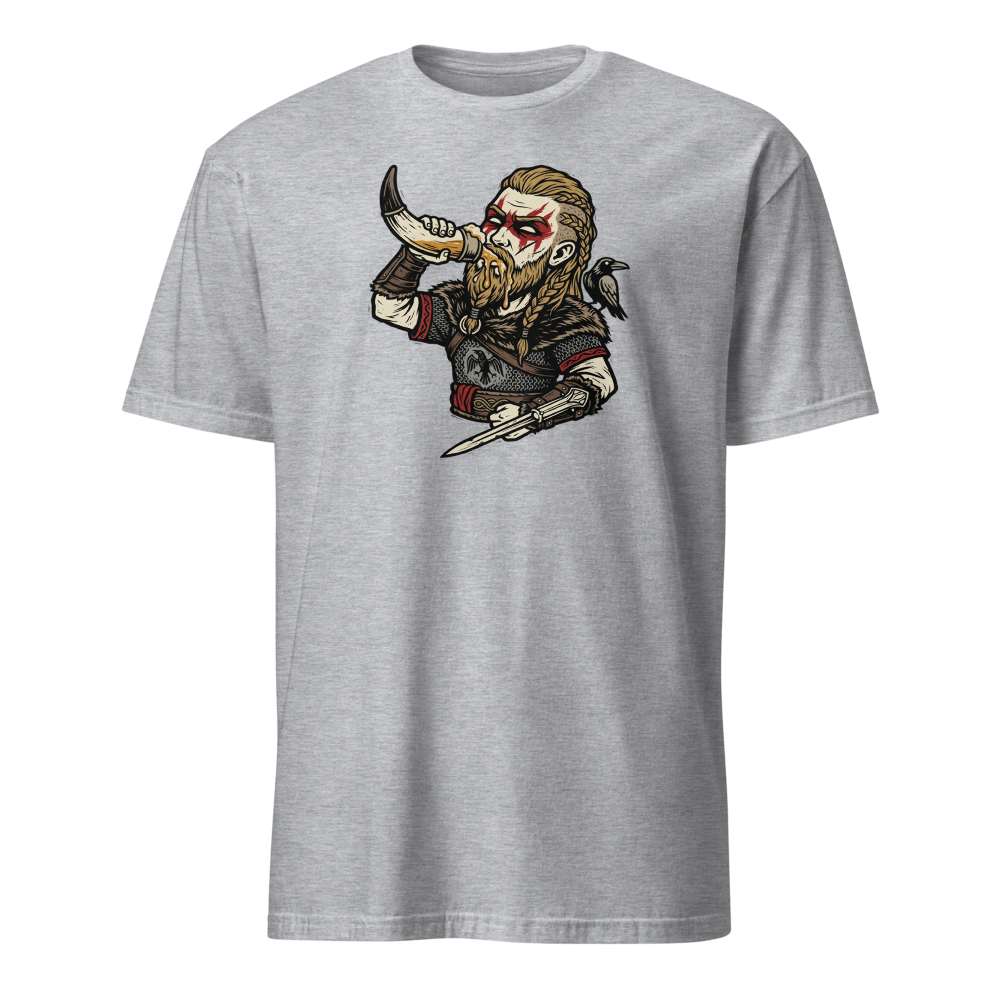 Viking Raider Mead Horn Hidden Blade Woodcut Tee — sport grey front view